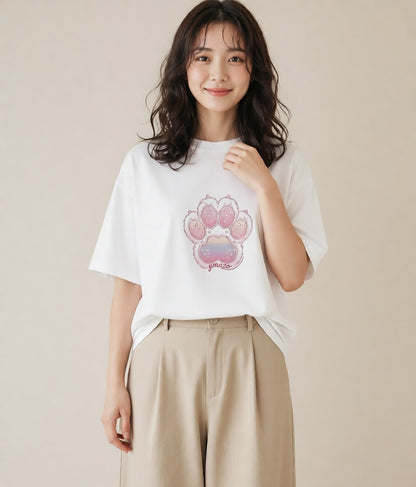 プリントTシャツ レディース 肉球 猫 ねこ イラスト 淡色 姉妹 送別ギフト 白T YMAZO