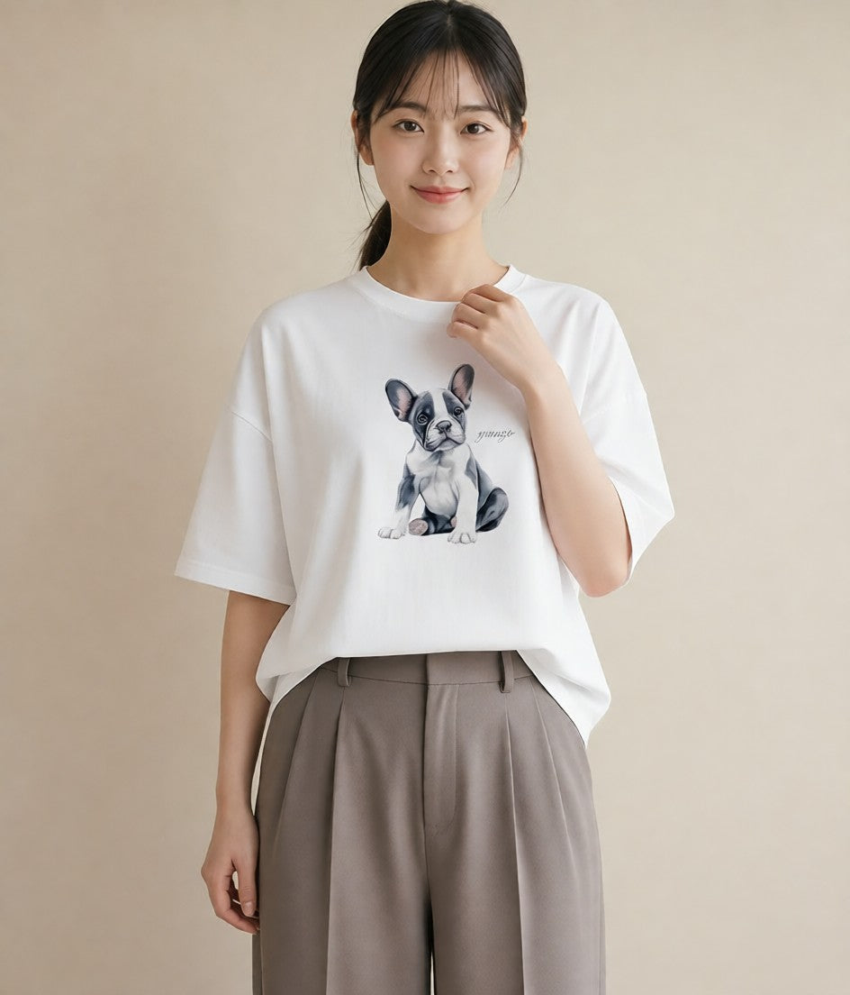 Tシャツ レディース 子犬 犬 いぬ イラスト ユニーク ビーチ デイリーウェア 白T YMAZO