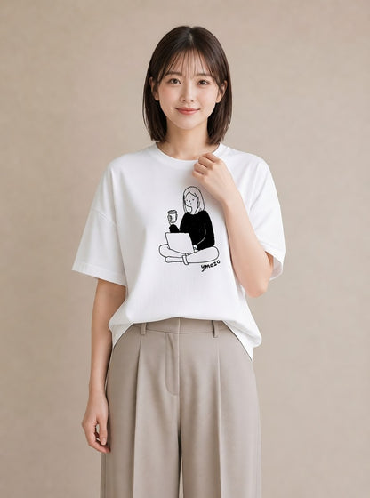 半袖Tシャツ レディース 本 読書 ブック イラスト カフェコーデ 休日 ペアコーデ 白T YMAZO