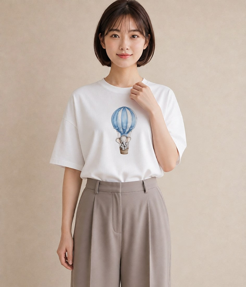 プリントTシャツ レディース 気球 星空 宇宙 イラスト 普段使い 女性 旅行用 白T YMAZO