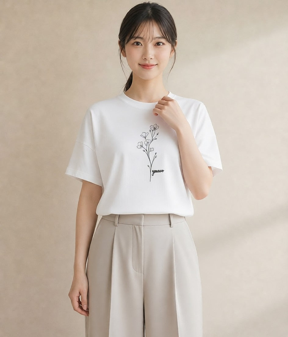 半袖Tシャツ レディース 小花 花 フラワー イラスト きれいめ ルームウェア ギフト 白T YMAZO