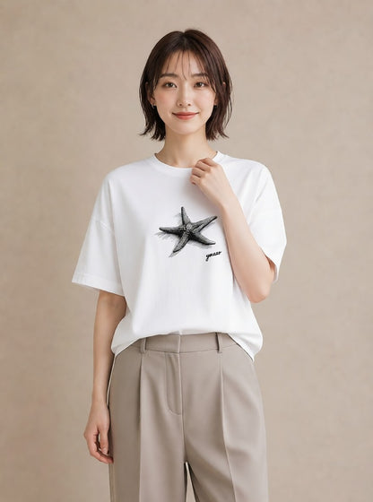 Tシャツ レディース ヒトデ 海の生き物 海 イラスト ラフカジュアル 公園 ママ 白T YMAZO