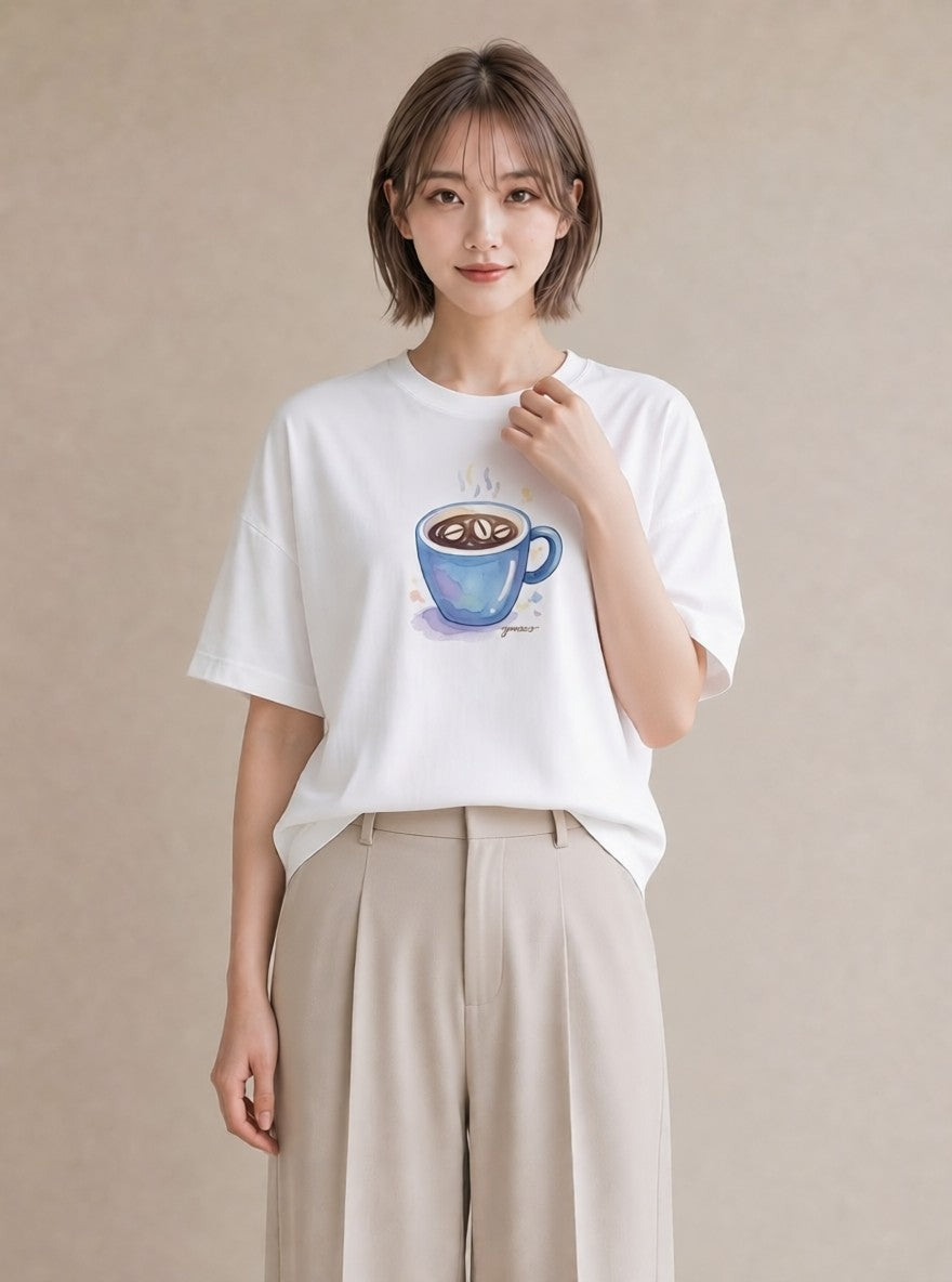 半袖Tシャツ レディース コーヒー カフェ 珈琲 イラスト 普段使い クリスマス 旅行 白T YMAZO