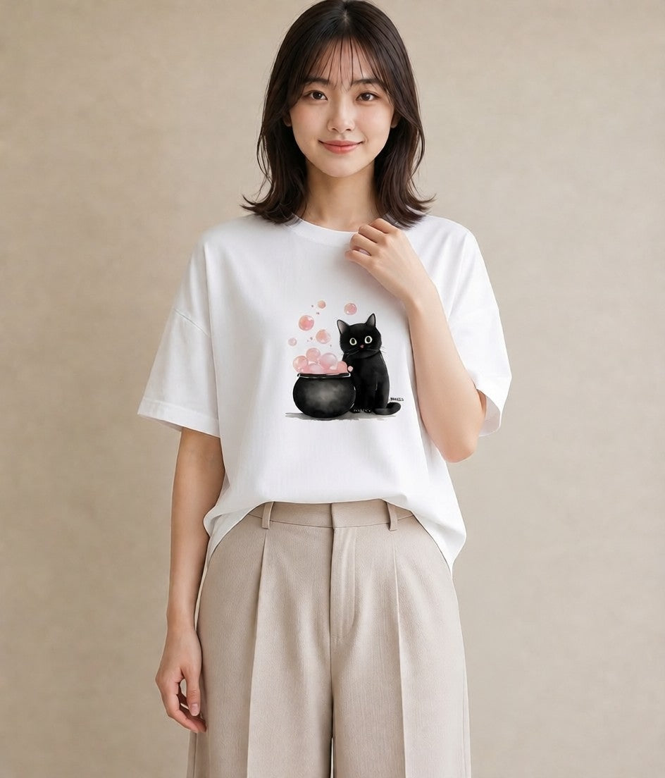 半袖Tシャツ レディース 黒猫 猫 ねこ イラスト ボタニカル 社会人 女性 白T YMAZO