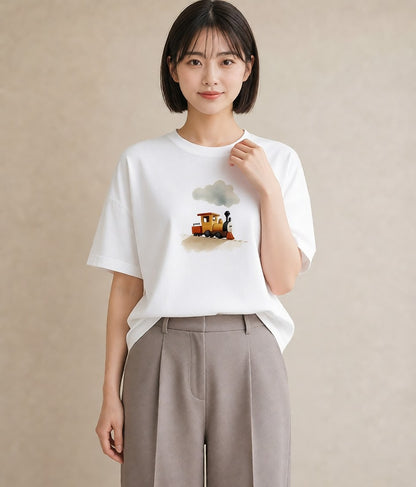 Tシャツ レディース 駅のホーム ローカル線 駅 ナチュラル アンティーク イラスト アート風 公園 ママ 白T YMAZO
