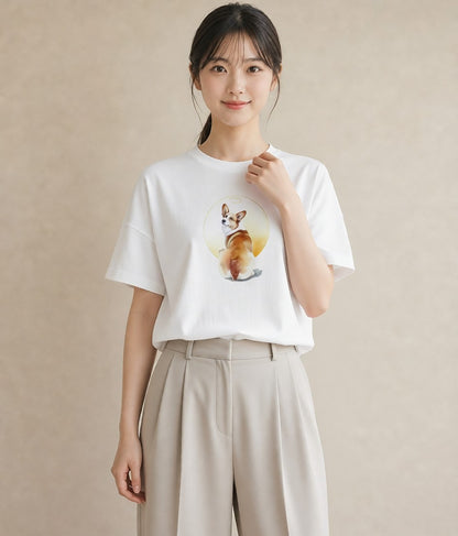 デザインTシャツ レディース ウェルシュコーギー コーギー 犬 いぬ イラスト 水彩風 女性向けギフト 散歩 白T YMAZO
