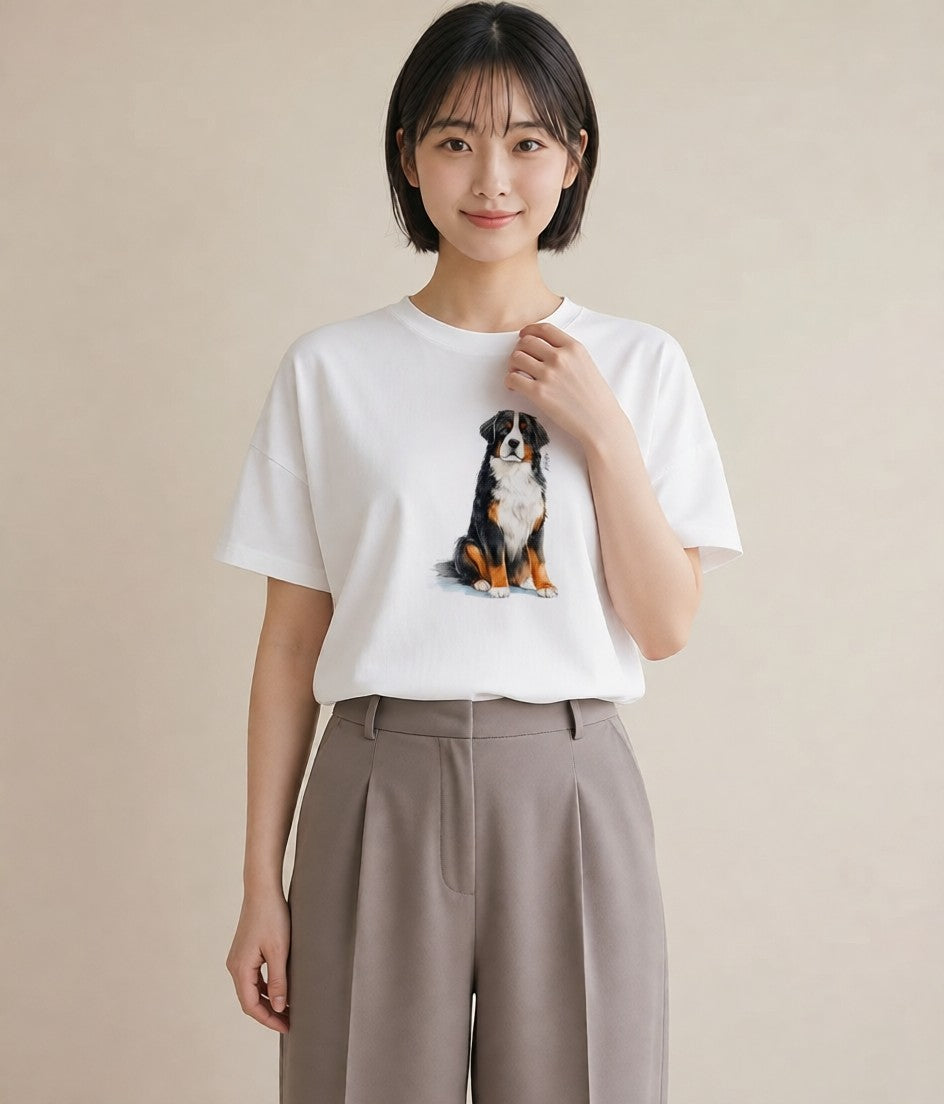 デザインTシャツ レディース バーニーズマウンテンドッグ 犬 いぬ イラスト フェミニン お出かけ 普段着 白T YMAZO