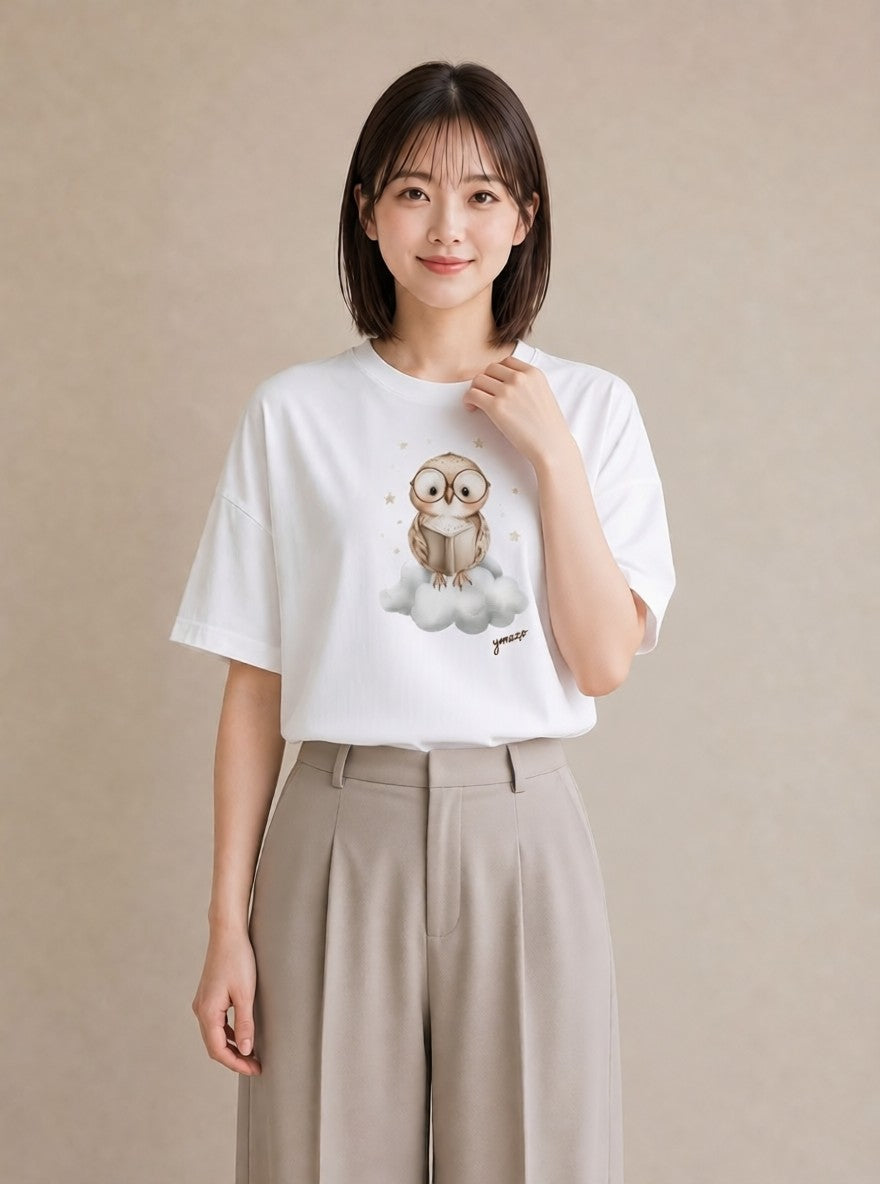デザインTシャツ レディース シロフクロウ 動物 アニマル イラスト きれいめ ギフト 母の日 白T YMAZO