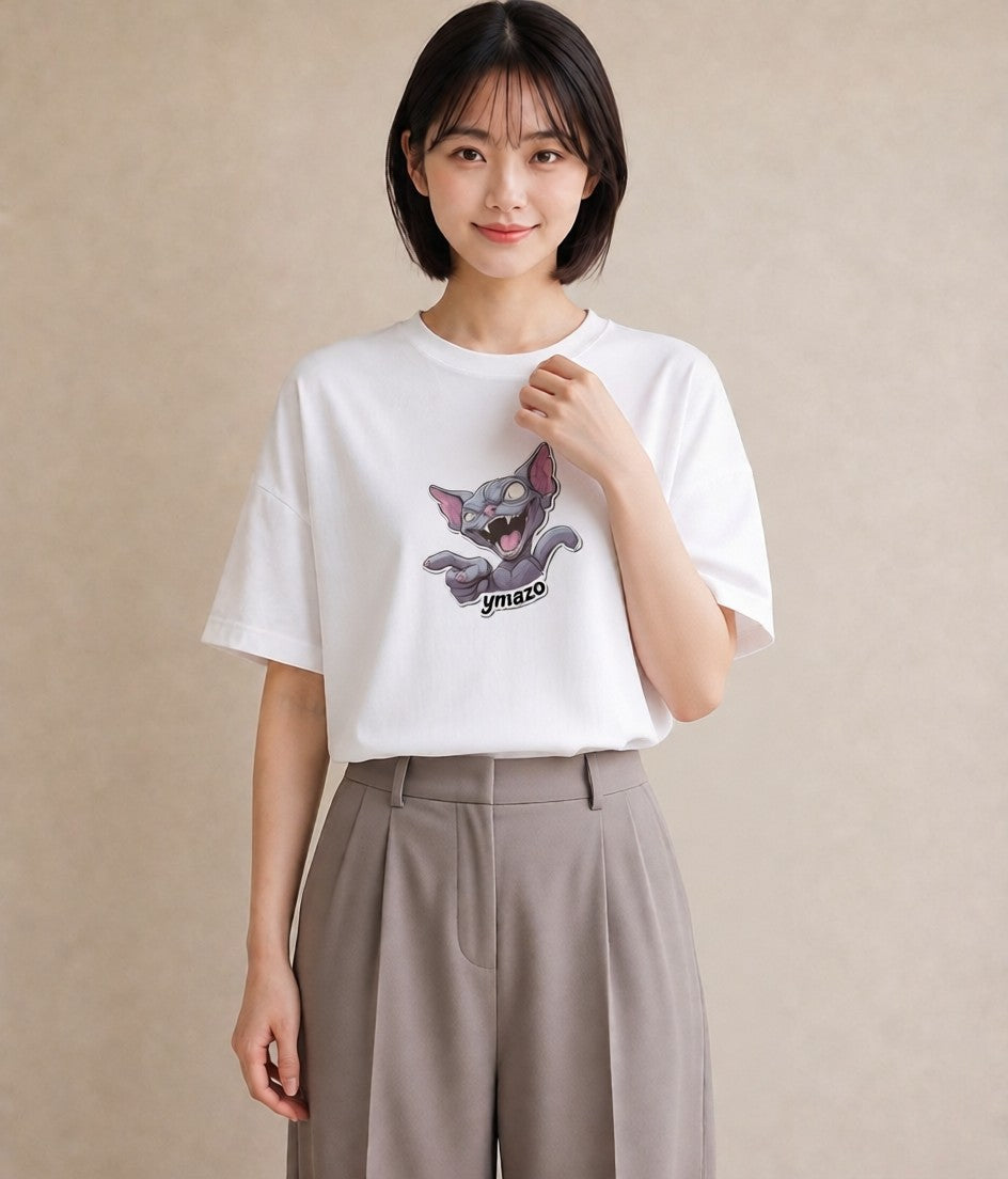 プリントTシャツ レディース スフィンクス 猫 ねこ イラスト ラフ ビーチ デイリーウェア 白T YMAZO