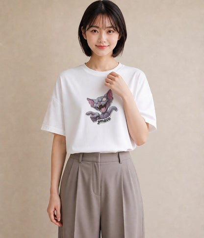 プリントTシャツ レディース スフィンクス 猫 ねこ イラスト ラフ ビーチ デイリーウェア 白T YMAZO