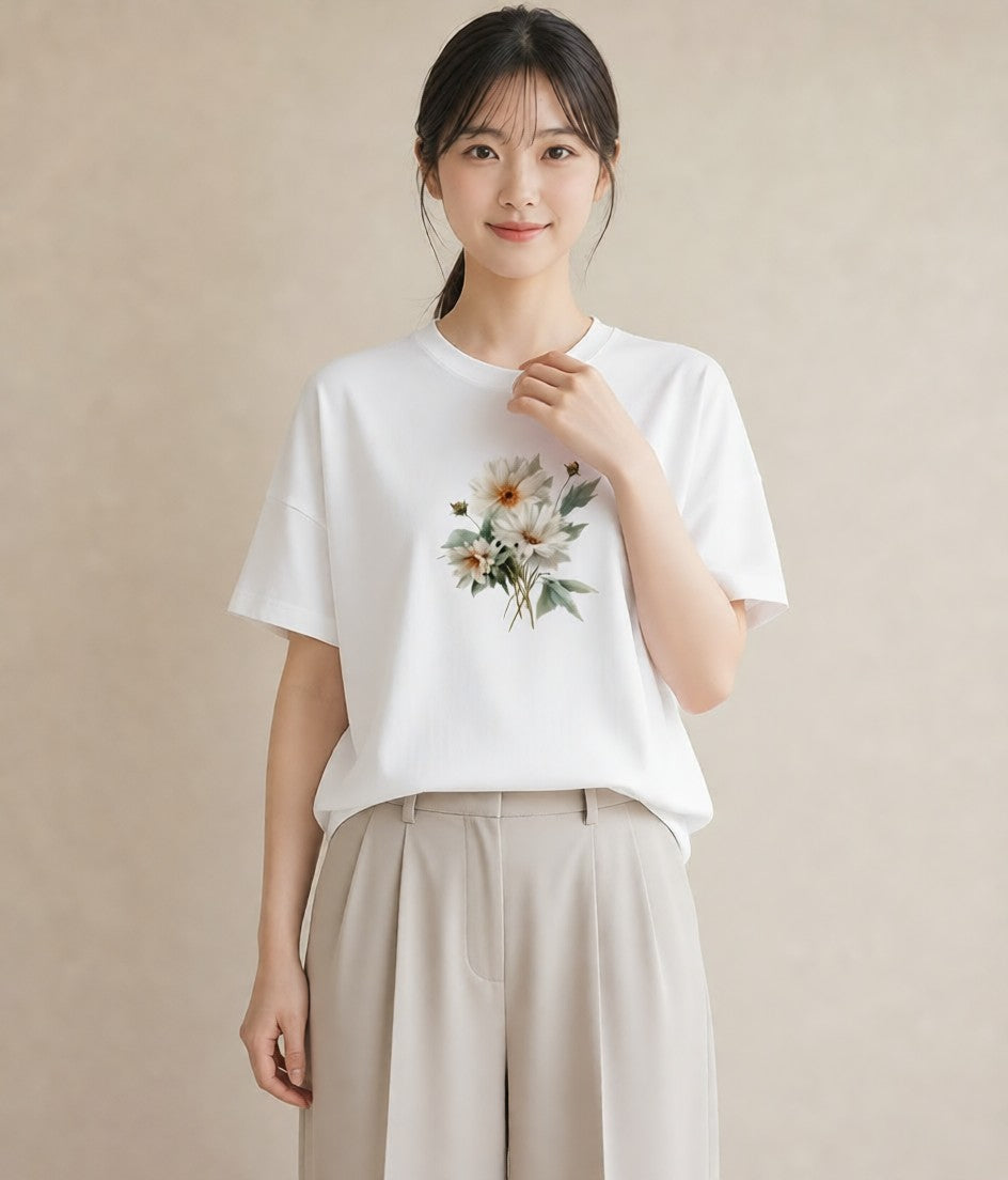 半袖Tシャツ レディース マーガレット 花 花柄 イラスト アート風 旅行 母娘コーデ 白T YMAZO