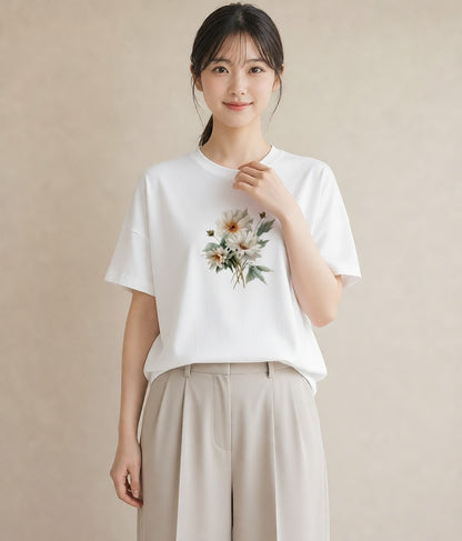 半袖Tシャツ レディース マーガレット 花 花柄 イラスト アート風 旅行 母娘コーデ 白T YMAZO