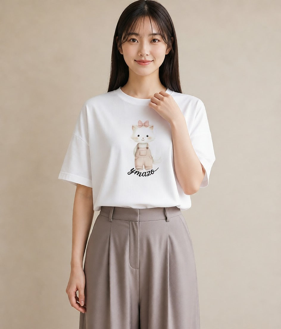 半袖Tシャツ レディース 猫好き 猫 ねこ イラスト ユニーク 旅行用 海 白T YMAZO