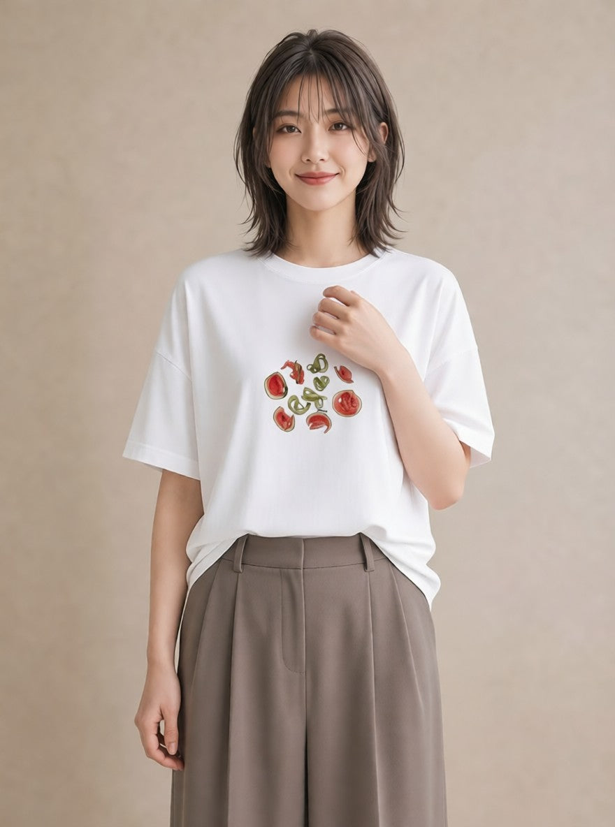 グラフィックTシャツ レディース すいか 食べ物 フード イラスト きれいめカジュアル 通学 誕生日プレゼント 白T YMAZO