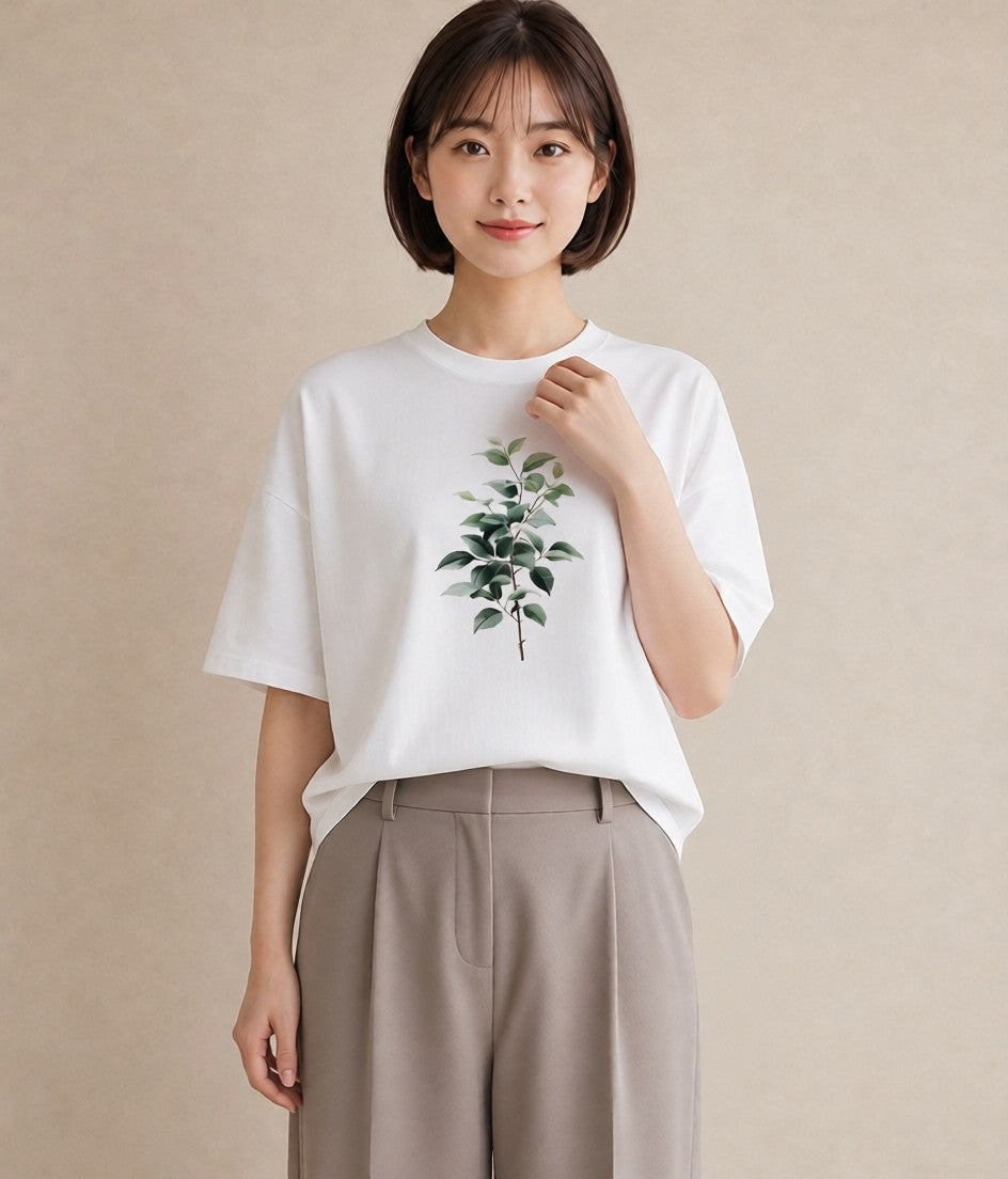 デザインTシャツ レディース ボタニカル 植物 イラスト 線画 お出かけ 普段着 白T YMAZO