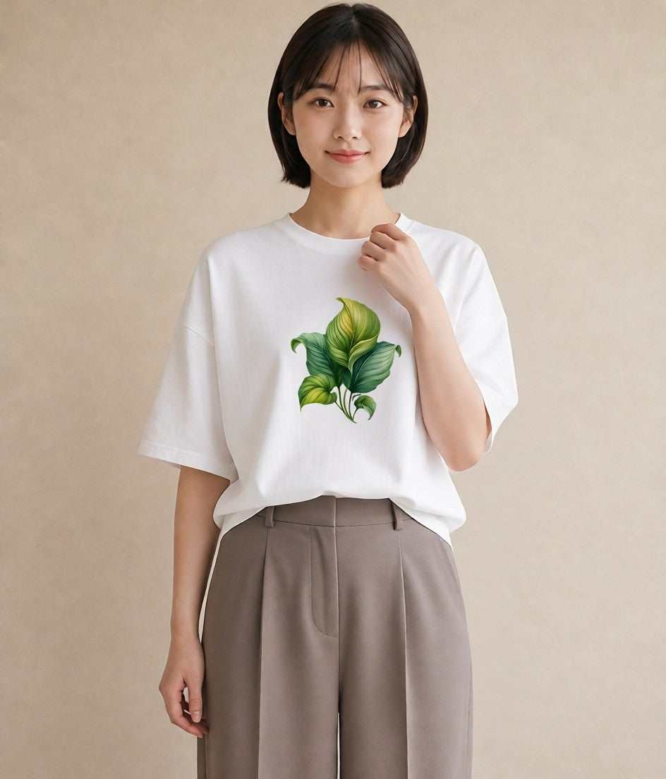 半袖Tシャツ レディース 葉っぱ 植物 ボタニカル イラスト 抜け感 デート 帰省 白T YMAZO
