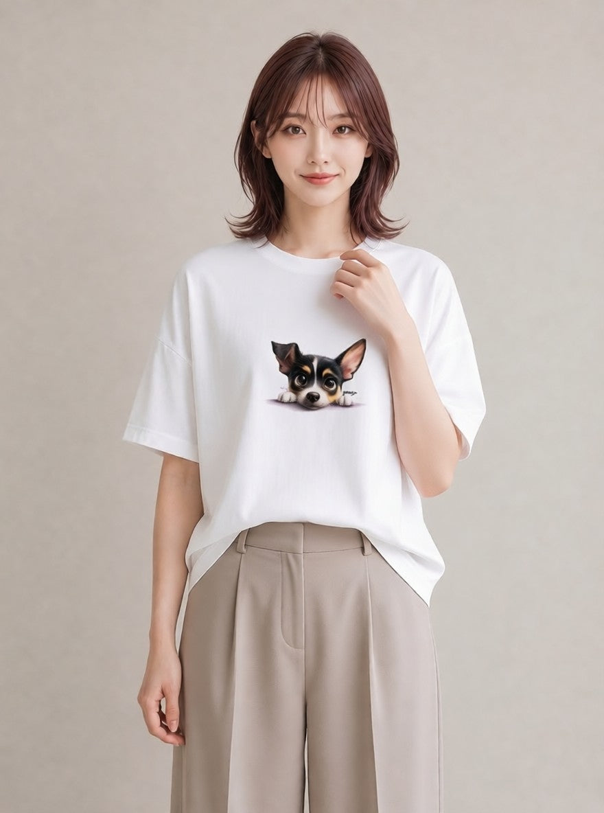 デザインTシャツ レディース チワワ 犬 いぬ イラスト 手描き風 普段着 週末コーデ 白T YMAZO