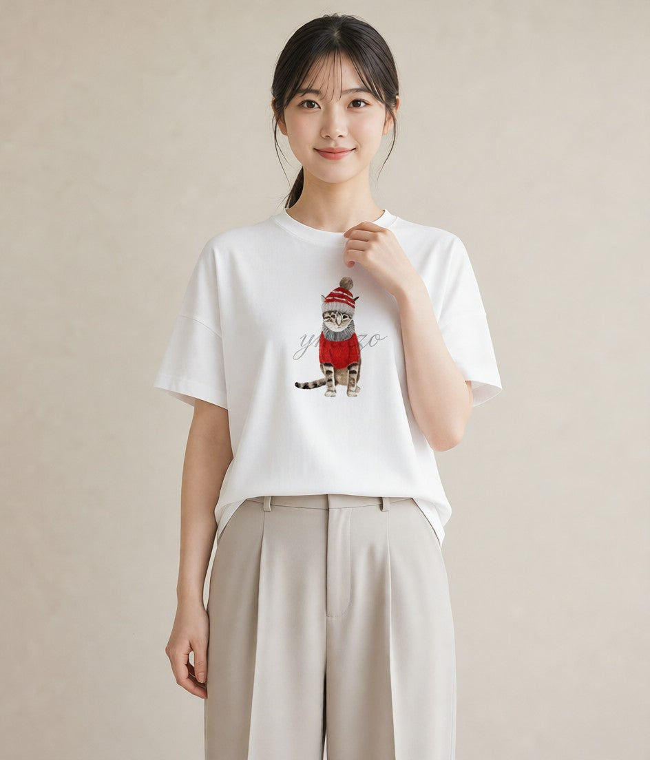 プリントTシャツ レディース キジトラ 猫 ねこ イラスト フェミニン ミセス 春コーデ 白T YMAZO