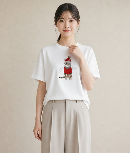 プリントTシャツ レディース キジトラ 猫 ねこ イラスト フェミニン ミセス 春コーデ 白T YMAZO