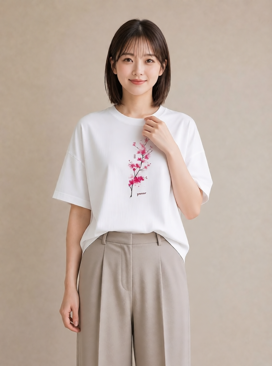 Tシャツ レディース 梅 花 花柄 イラスト レトロ 春服 ミセス 白T YMAZO