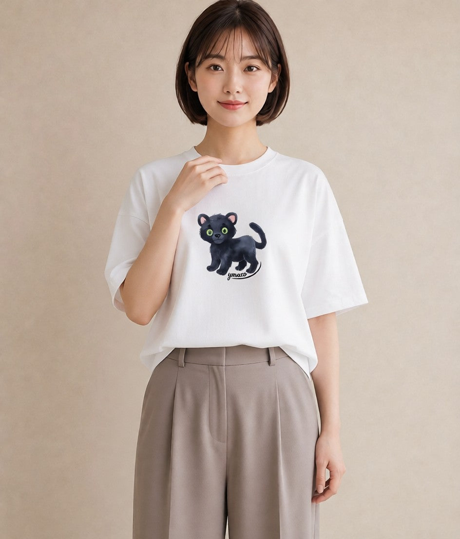Tシャツ レディース 黒猫 猫 ねこ イラスト 可愛い 通学 誕生日プレゼント 白T YMAZO