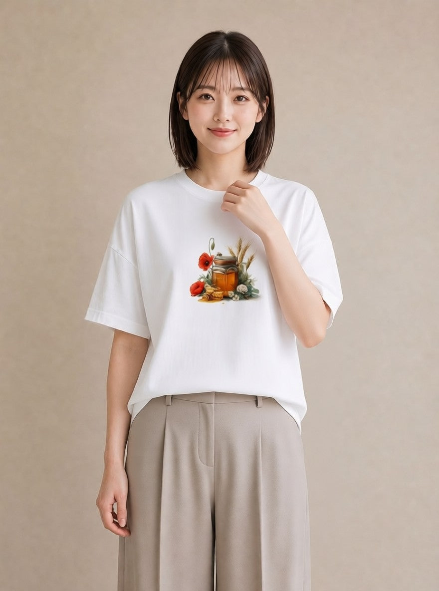半袖Tシャツ レディース はちみつ 食べ物 フード イラスト モード 散歩 お出かけ 白T YMAZO