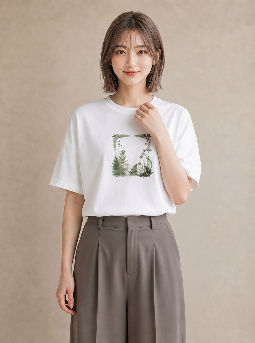 半袖Tシャツ レディース シダ 植物 ボタニカル イラスト ナチュラル 夏コーデ 通学 白T YMAZO