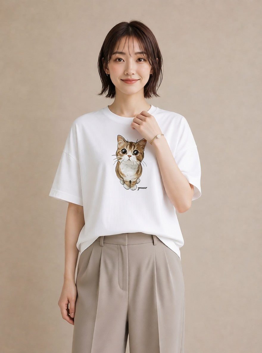 半袖Tシャツ レディース 三毛猫 みけねこ 三毛 猫 ねこ イラスト ガーリー 誕生日プレゼント 綿100 白T YMAZO