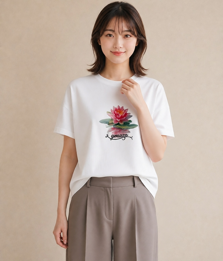 グラフィックTシャツ レディース 蓮 花 花柄 イラスト 個性的 ペアコーデ 秋コーデ 白T