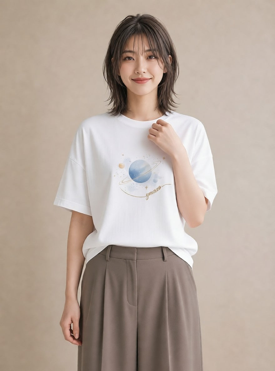 プリントTシャツ レディース 土星 星空 宇宙 イラスト カジュアル カジュアルコーデ 買い物 白T YMAZO
