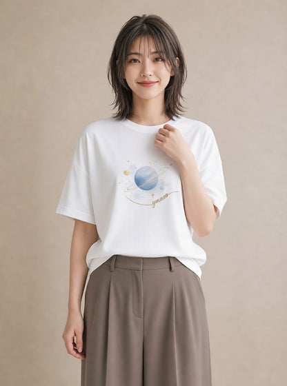 プリントTシャツ レディース 土星 星空 宇宙 イラスト カジュアル カジュアルコーデ 買い物 白T YMAZO