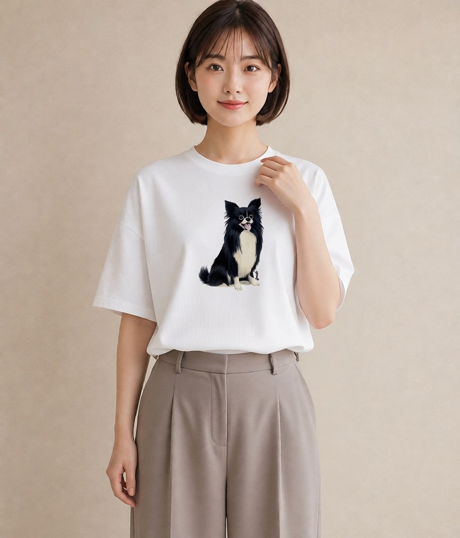 プリントTシャツ レディース ロングコートチワワ 犬 いぬ イラスト 手描き風 ルームウェア ギフト 白T YMAZO