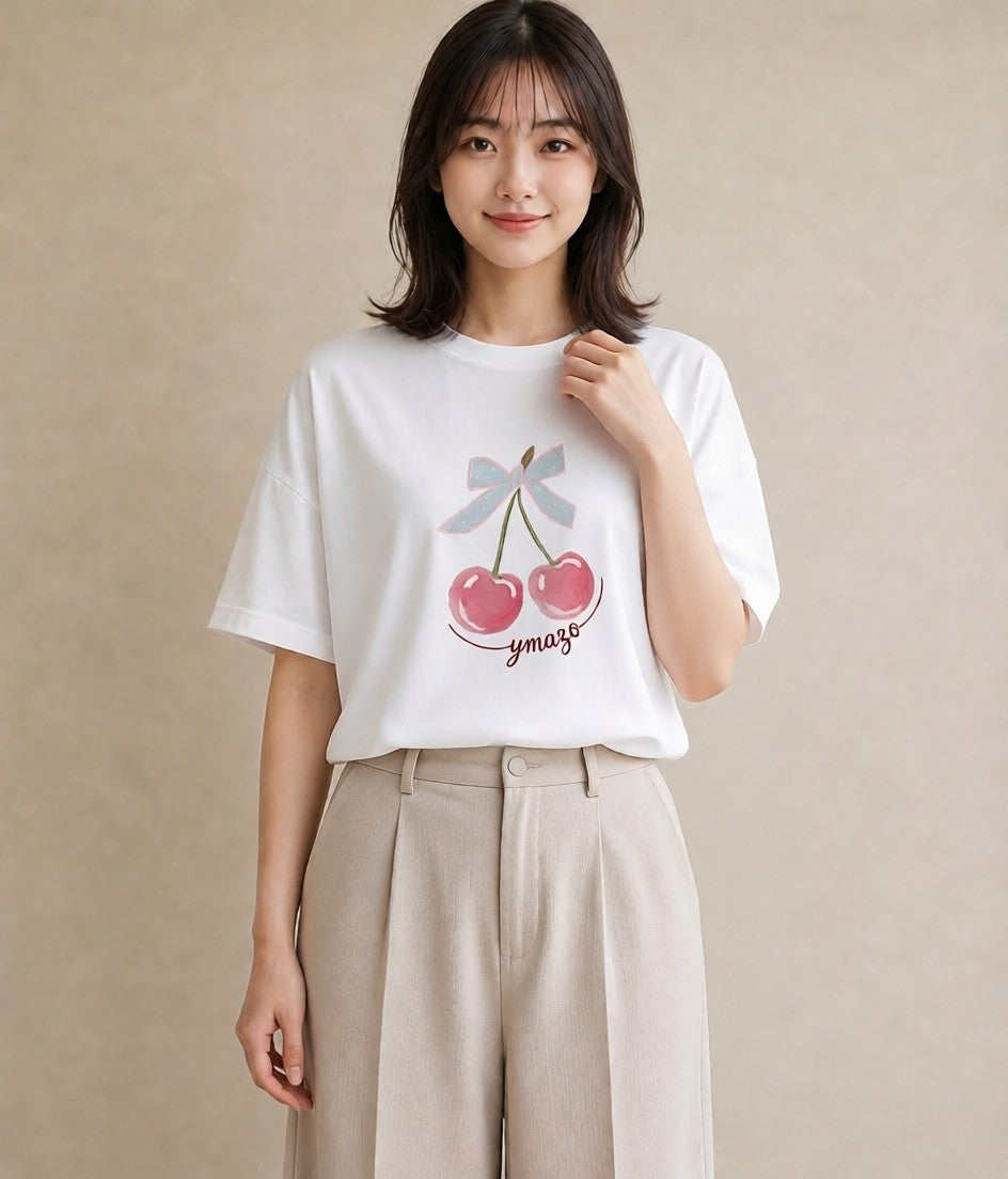 グラフィックTシャツ レディース さくらんぼ チェリー 食べ物 フード イラスト ナチュラル 海 カフェ巡り 白T YMAZO