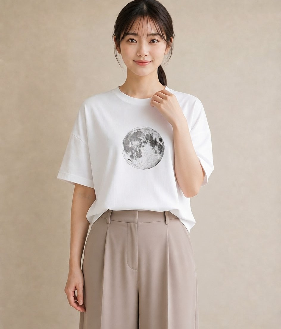 半袖Tシャツ レディース 満月 星空 宇宙 イラスト 個性的 買い物 夏コーデ 白T YMAZO