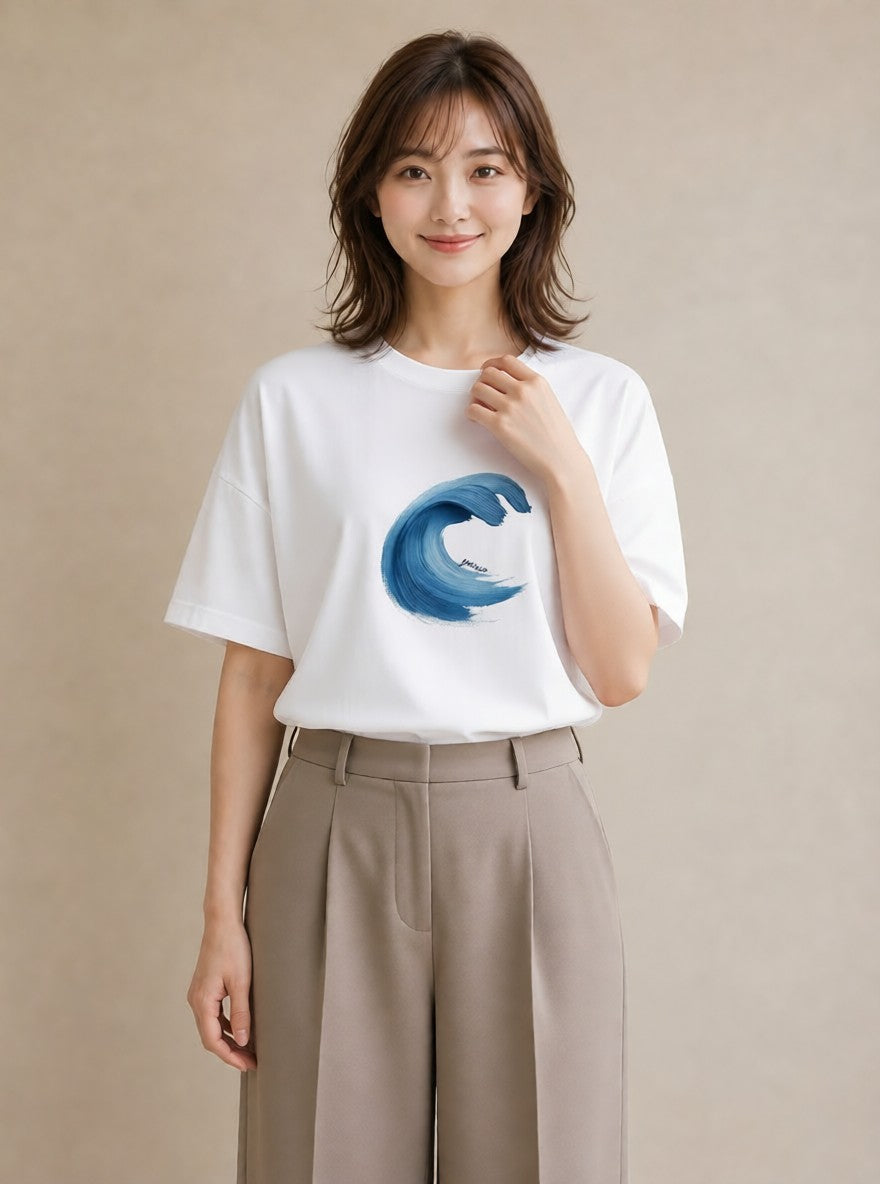 半袖Tシャツ レディース 波 星空 宇宙 イラスト 韓国風 週末コーデ 敬老の日 白T YMAZO
