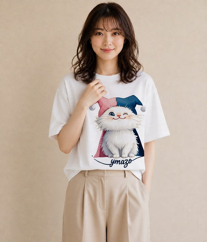 プリントTシャツ レディース マンチカン 猫 ねこ イラスト カジュアル ラフ レイヤード 白T YMAZO