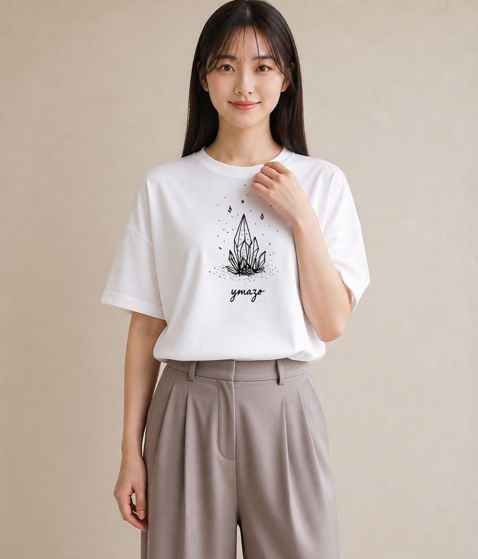 半袖Tシャツ レディース パールピアス アクセサリー ナチュラル アンティーク イラスト 北欧風 夏コーデ 通学 白T YMAZO