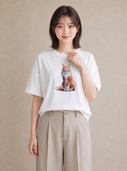 半袖Tシャツ レディース メインクーン 猫 ねこ イラスト ナチュラル 自分用 ルームウェア 白T YMAZO