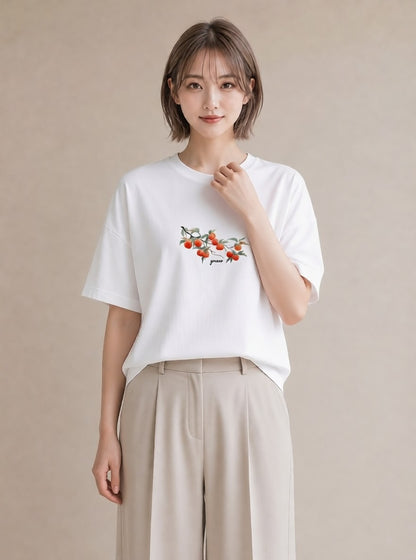グラフィックTシャツ レディース みかん 食べ物 フード イラスト モード 夏コーデ 通学 白T YMAZO