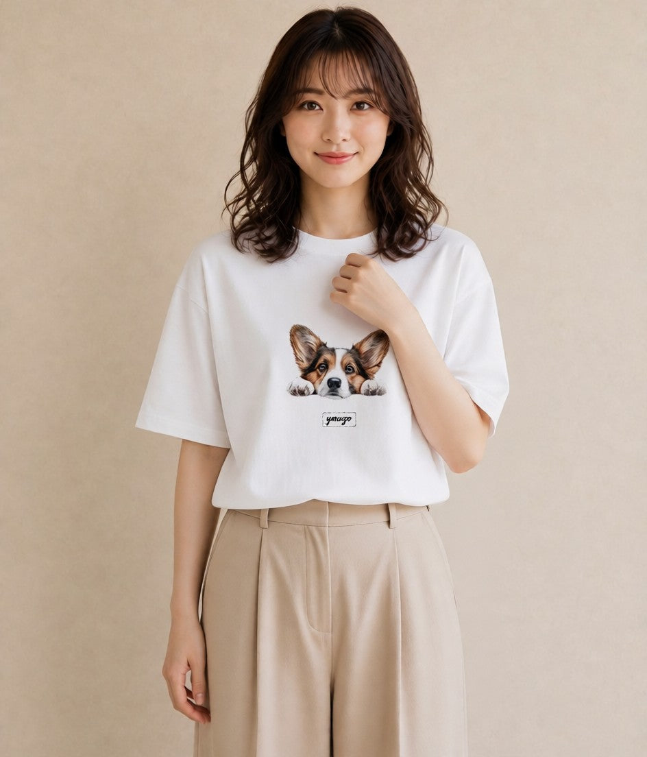 プリントTシャツ レディース ウェルシュコーギー コーギー 犬 いぬ イラスト ラフ 散歩 お出かけ 白T YMAZO