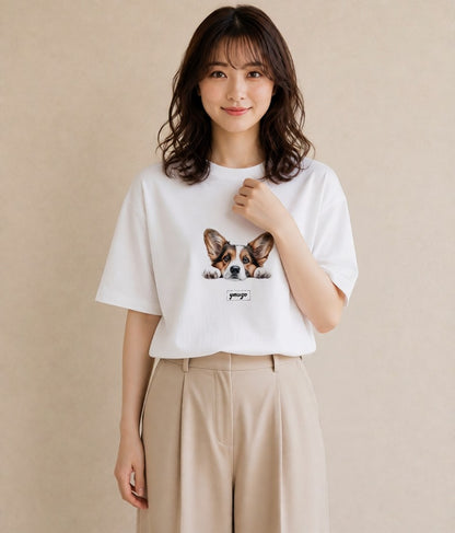 プリントTシャツ レディース ウェルシュコーギー コーギー 犬 いぬ イラスト ラフ 散歩 お出かけ 白T YMAZO