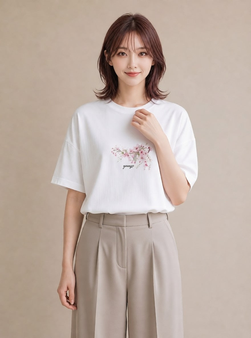 半袖Tシャツ レディース さくら 桜 サクラ 花 花柄 イラスト アート風 友達ギフト 部屋着 白T YMAZO