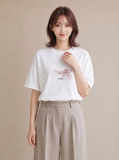 半袖Tシャツ レディース さくら 桜 サクラ 花 花柄 イラスト アート風 友達ギフト 部屋着 白T YMAZO
