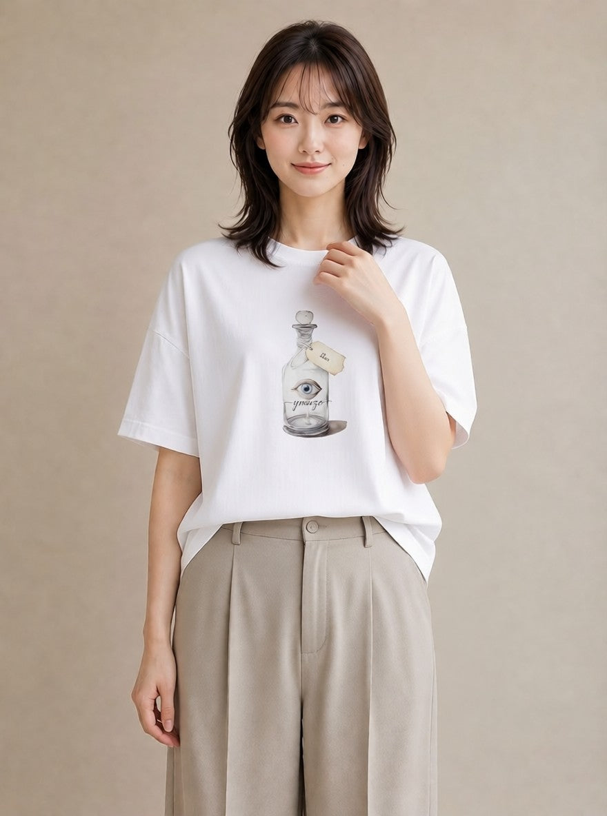 Tシャツ レディース ガラス瓶 小枝 ボタニカル ナチュラル アンティーク イラスト カジュアル 自分用 ルームウェア 白T YMAZO