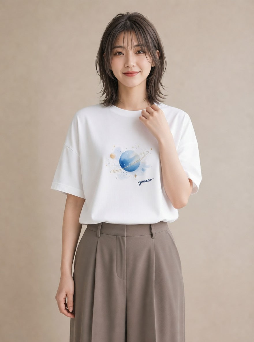 プリントTシャツ レディース 水瓶座 星空 宇宙 イラスト ユニーク ルームウェア ギフト 白T YMAZO