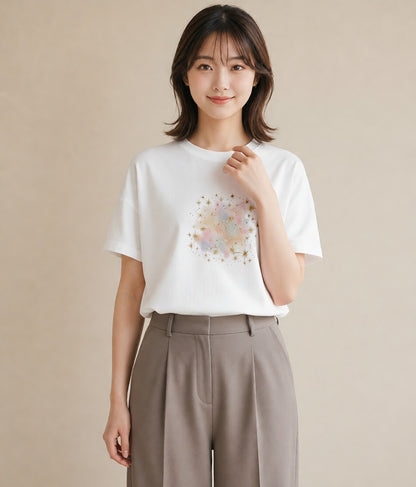 半袖Tシャツ レディース 乙女座 星空 宇宙 イラスト ポップ 買い物 夏コーデ 白T YMAZO