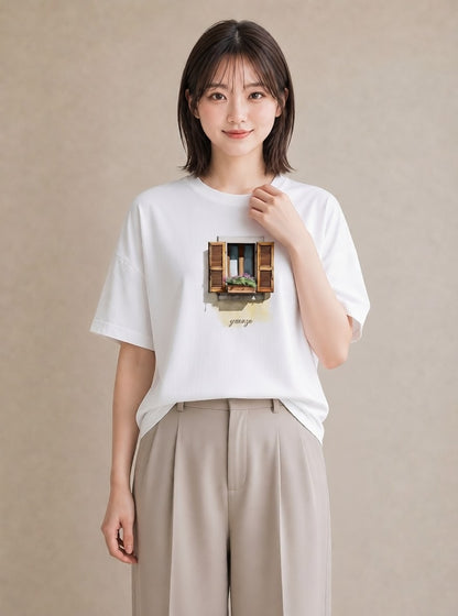 グラフィックTシャツ レディース 窓辺の雨 雨の日 窓 ナチュラル アンティーク イラスト 個性的 デイリーウェア 休日 白T YMAZO