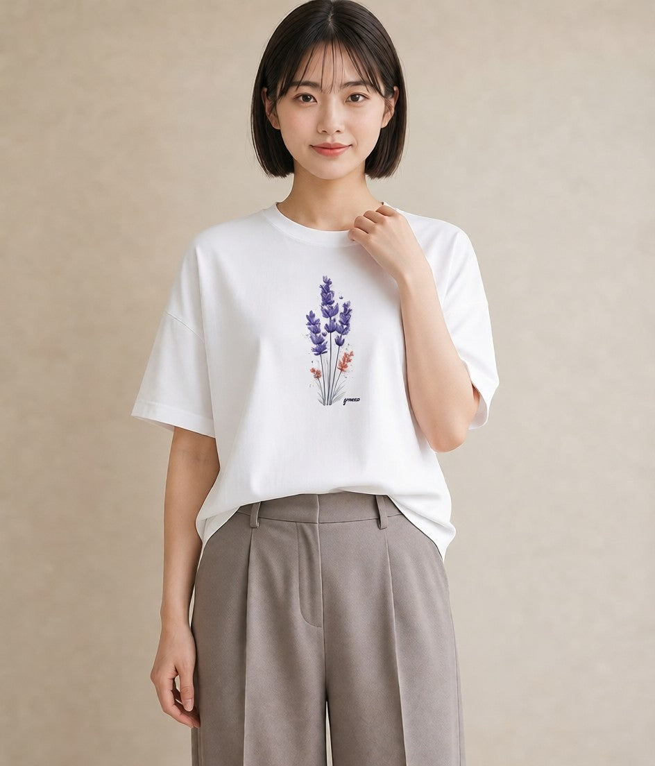 Tシャツ レディース ラベンダー 花 花柄 イラスト ミニマル ラフ レイヤード 白T YMAZO