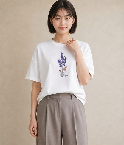 Tシャツ レディース ラベンダー 花 花柄 イラスト ミニマル ラフ レイヤード 白T YMAZO