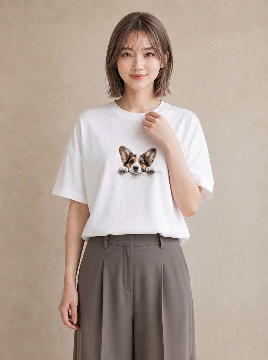 デザインTシャツ レディース ウェルシュコーギー コーギー 犬 いぬ イラスト ゆるコーデ おしゃれギフト 社会人 白T YMAZO